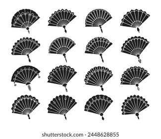 Collection of paper fans. Hand fan. Black silhouettes of Chinese, Japanese paper folding fans, traditional Asian jewelry and souvenirs. Vector set