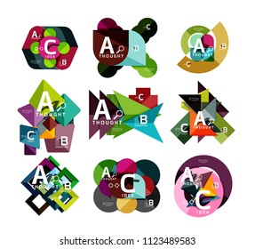 Collection of paper geometric infographics, a b c process options, presentation layouts. Vector illustration