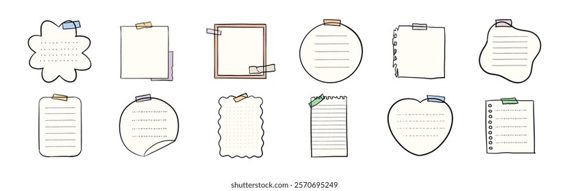 Collection of paper note templates in various shapes: square, circle, heart. Doodles and clips add charm. Perfect for notes, reminders, and creative projects. Memo element vector set.