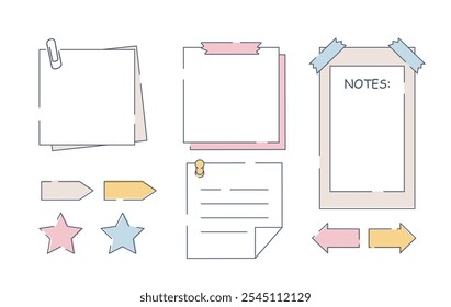Collection of paper notes. Memo and to do list. Notepad page and blank paper sheet. Sticky stars and arrows. School and office supply. Linear vector set isolated on white background