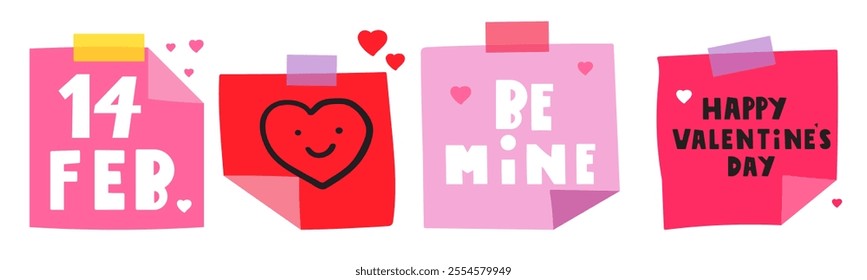 Collection of paper notes with phrases for St. Valentine's day. Cute design. Vector illustrations on white background.