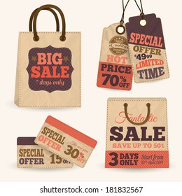 Collection of paper sale price tags with shopping bags design templates vector illustration