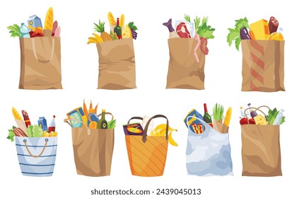 Colección de bolsas de compras de papel productos de comestibles. Hortalizas, pan, productos lácteos, vid, carne y huevos. Supermercado. Productos frescos y saludables. Concepto de entrega de alimentos