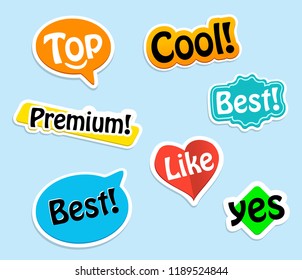 Collection paper stickers. colorful labels for your projects. Top, cool, Premium, Best, Like, yes. Vector illustration.