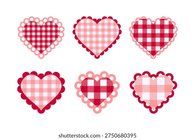 Collection of paper or textile red and pink heart shapes with frilly borders. Templates of Valentine day cards or patches with ruffles and checkered vichy print. Vector flat illustration.