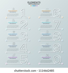 Collection of paper white outlines of numbers with linear icons and text boxes. Concept of list or business plan visualization. Modern infographic design template. Vector illustration for brochure.