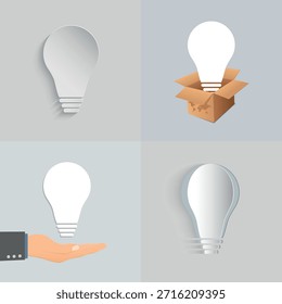 Una colección de bombillas cortadas en papel. Un conjunto de bombillas para una idea de negocio, sesión de lluvia de ideas o concepto de ingeniería eléctrica.