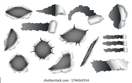 Collection of papers hole with gray paper on background. Realistic vector torn papers with ripped edges. Damage papers with folded sides