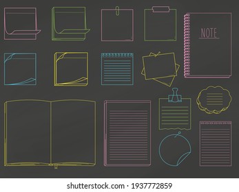 Collection of papers for memo - notepads, stickers, notebooks isolated on chalkboard background. Vector illustration