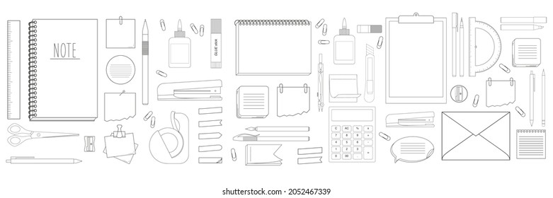 Collection of papers for memo and other stationery - notepads, stickers, pencil, pens, markers, notebooks and ect. Vector illustration isolated on white background