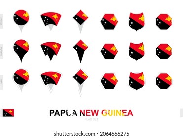 Collection of the Papua New Guinea flag in different shapes and with three different effects. Vector flag set.