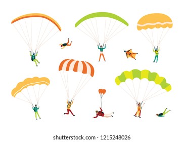 Collection of parachutists and skydivers isolated on white background. Bundle of people performing free fall, parachuting and wingsuit flying. Colorful vector illustration in flat cartoon style.
