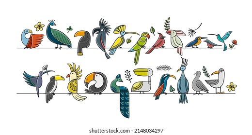 Collection of paradise tropical birds. Pink flamingo and green parrots on branches. Peacocks with toucans etc. Childish style for your design