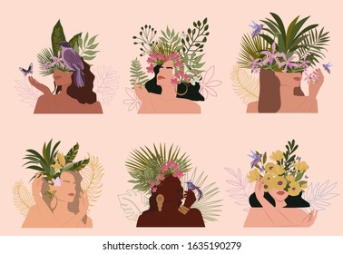 Collection of paradise women abstract portrait with different skin colour and tropical plant, minimalistic style. Vector illustration.