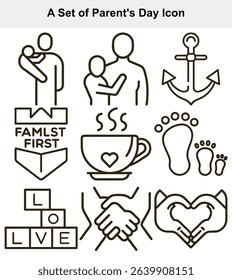 Collection of Parent's Day vector outline icons featuring family hug, anchor, parent-child footprints, handshake, heart hands gesture, and a steaming cup of love-themed coffee.