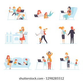 Collection of Parents Working with Their Children While Their Playing Next to Them, Mothers and Fathers Working with Children, Businesspeople Vector Illustration