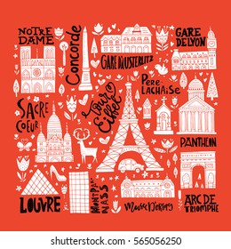Collection of Paris tourist attractions. France symbols clipart set.