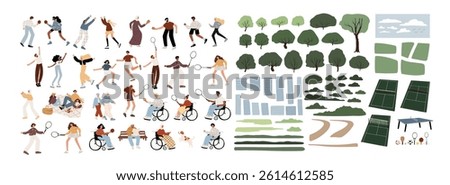 Collection of park activities and landscape elements. Diversity people playing badminton, table tennis, and other outdoor sports. Trees, paths, courts for scene creation. Flat vector illustration.