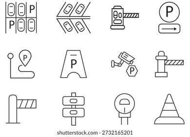 Collection of parking icon zone. Containing garages, parking areas, transport, directions, GPS symbols and more. Parking service line icon set showing car. Vector illustration.