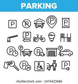 Collection Parking Thin Line Icons Set Vector. Parking Service Sign And GPS Mark, Garage With Car And Bicycle, Key And Park Place Linear Pictograms. Monochrome Contour Illustrations