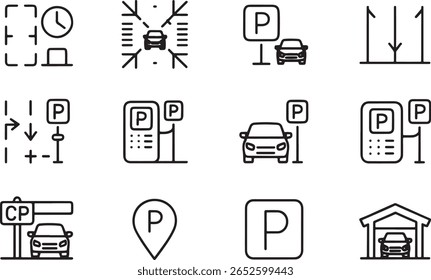 Coleção de estacionamento e transporte ícones relacionados Uma representação visual de serviços regulamentos e facilidades associadas com gerenciamento de estacionamento e transporte Infraestrutura de fornecimento