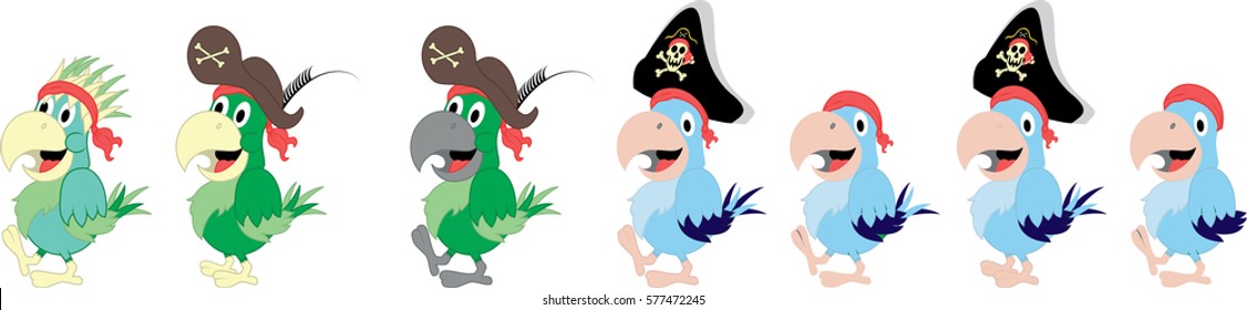 collection of parrots dressed as pirates