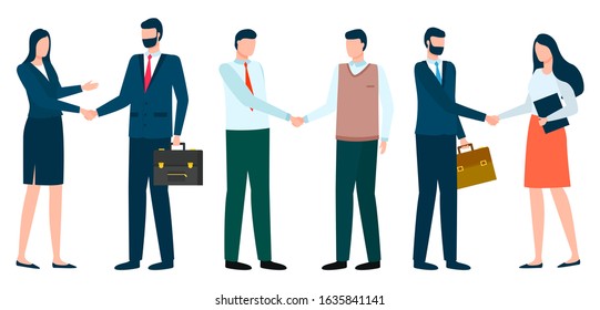 Collection of partners shaking hands of each others. Man and woman wearing formal clothes holding briefcases. Successful agreement of colleagues, isolated employees. Vector in flat style illustration