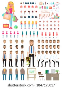 Collection parts of bodies, shopping items, clothing, business suit, hands, legs, types of faces, emotions. Happy girl with shopping bags. Smiling successful business guy with case full of money