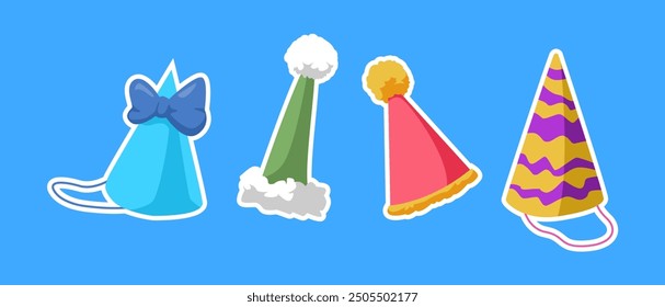 Collection of party, birthday hat with flat style. Isolated on blue background. Vector illustration.