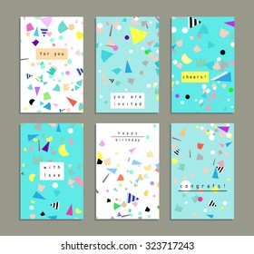 Collection of party cards and invitations. Birthday backgrounds with confetti. Vector