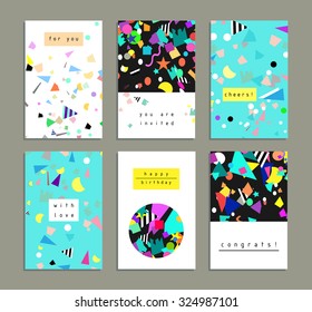 Collection of party cards and invitations. Birthday backgrounds with confetti. Vector