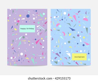 Collection of party cards and invitations. Birthday backgrounds with confetti. Vector
