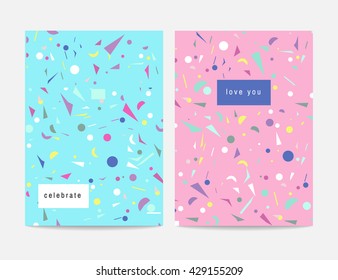 Collection of party cards and invitations. Birthday backgrounds with confetti. Vector
