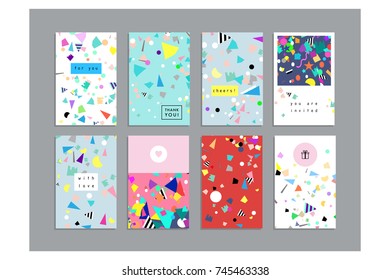 Collection of party cards and invitations. Holiday and Birthday backgrounds with confetti. Vector