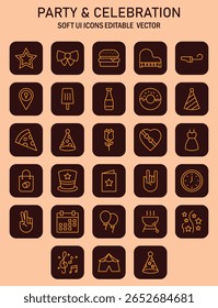 Collection of party and celebration themed outline icons in rounded square frames presented in a grid arrangement