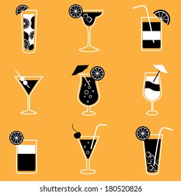 Collection of party cocktails with alcohol drinks martini vodka tequila and brandy isolated vector illustration