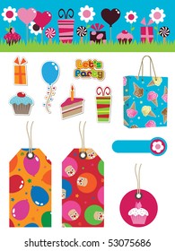 collection of party tags stickers bag and banner