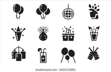 A collection of party-themed icons, perfect for representing celebration, events, or festive occasions.