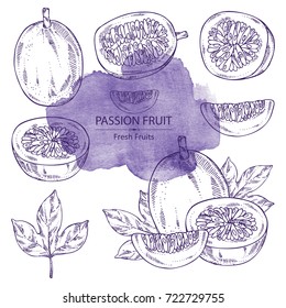 Collection of passion fruit: fruit, passion slice and leaves. Vector hand drawn illustration.