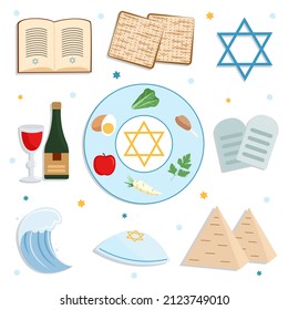 Collection of Passover elements. Matzah, Torah, Passover plate, wine, Star of David, pyramids egypt, sea. Vector illustration in flat style