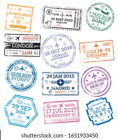 Collection of Passport Stamps Isolated on White. Vector Illustration. Set from Different Countries and Cities. Delhi. London. New York. Moscow. Paris. Barcelona. Rome.