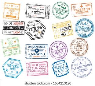 Collection of Passport Stamps Isolated on White. Vector Illustration. Set from Different Countries and Cities. Delhi. London. New York. Moscow. Paris. Barcelona. Rome.