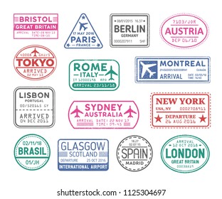 Collection of passport visa stamps isolated on white background. Bundle of travel or touristic marks. Set of round, rectangular and triangular journey or trip markings. Colorful vector illustration.