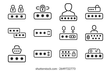 Collection of password icons representing security and authentication in digital environments