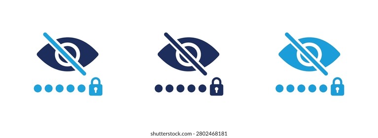 Collection of password visibility toggle icons featuring a crossed-out eye, hidden dots, and a padlock symbol for secure login interfaces and data protection.