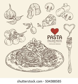 Collection of pasta, folk with pasta, vegetables, cheese and champignon. hand drawn