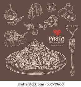 Collection of pasta, folk with pasta, vegetables, cheese and champignon. hand drawn