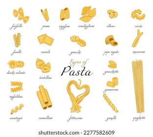 Collection of pasta. Set of different types of pasta isolated on white background. Vector graphics