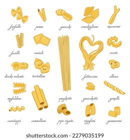 Colección de pasta. Conjunto de diferentes tipos de pastas aisladas de fondo blanco. Gráficos vectoriales