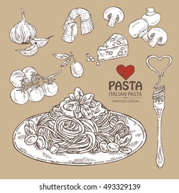 Collection of pasta and vegetables, cheese and champignon. hand drawn